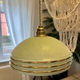 vintage Art Deco suspension in frosted almond green glass with golden trim