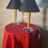 Pair of Scandinavian style bedside lamps in wood and chrome metal, electric ok, 40x25.