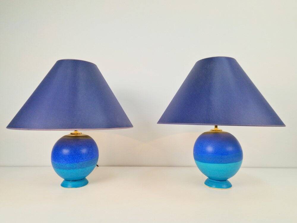 Lampes de table sphériques en céramique bleue vintage, années 1970, ensemble de 2
