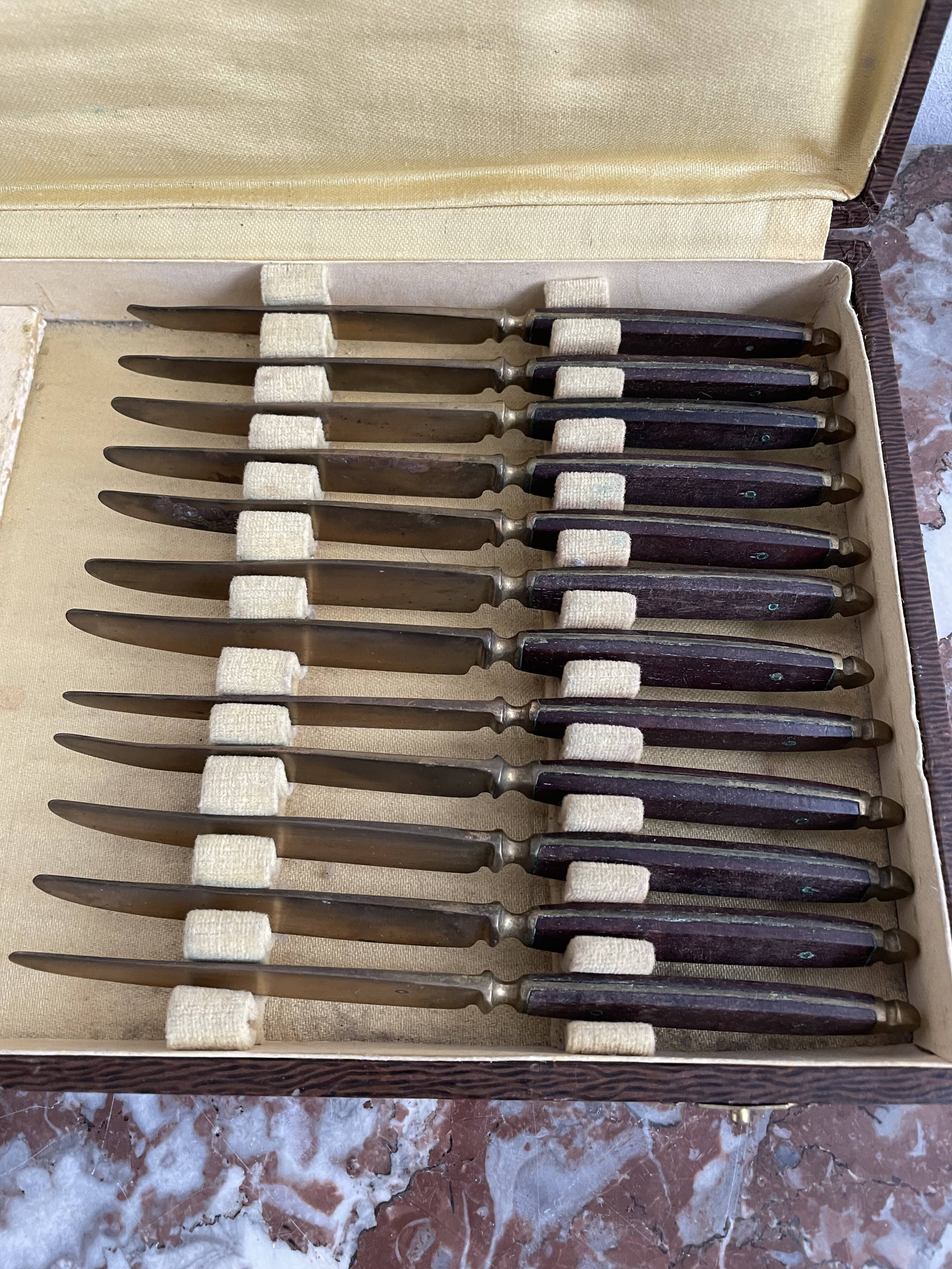 Antique dessert service 12 knives & 12 forks in brass and wood