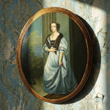 Elegant grand portrait medallion oil on curved Venetian wood vintage