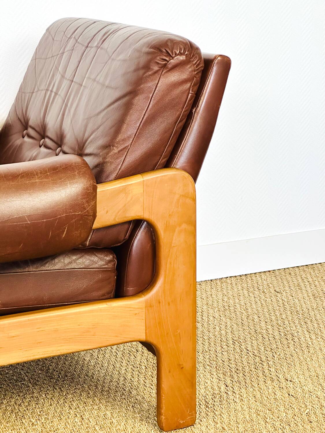 Vintage Scandinavian leather and teak armchair 1960