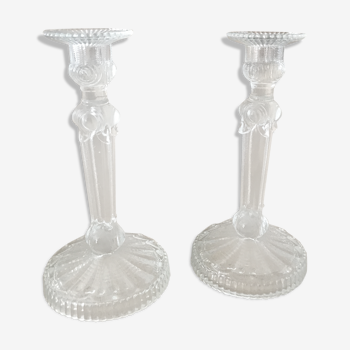 Pair of antique molded glass candlesticks