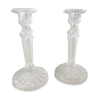Pair of antique molded glass candlesticks