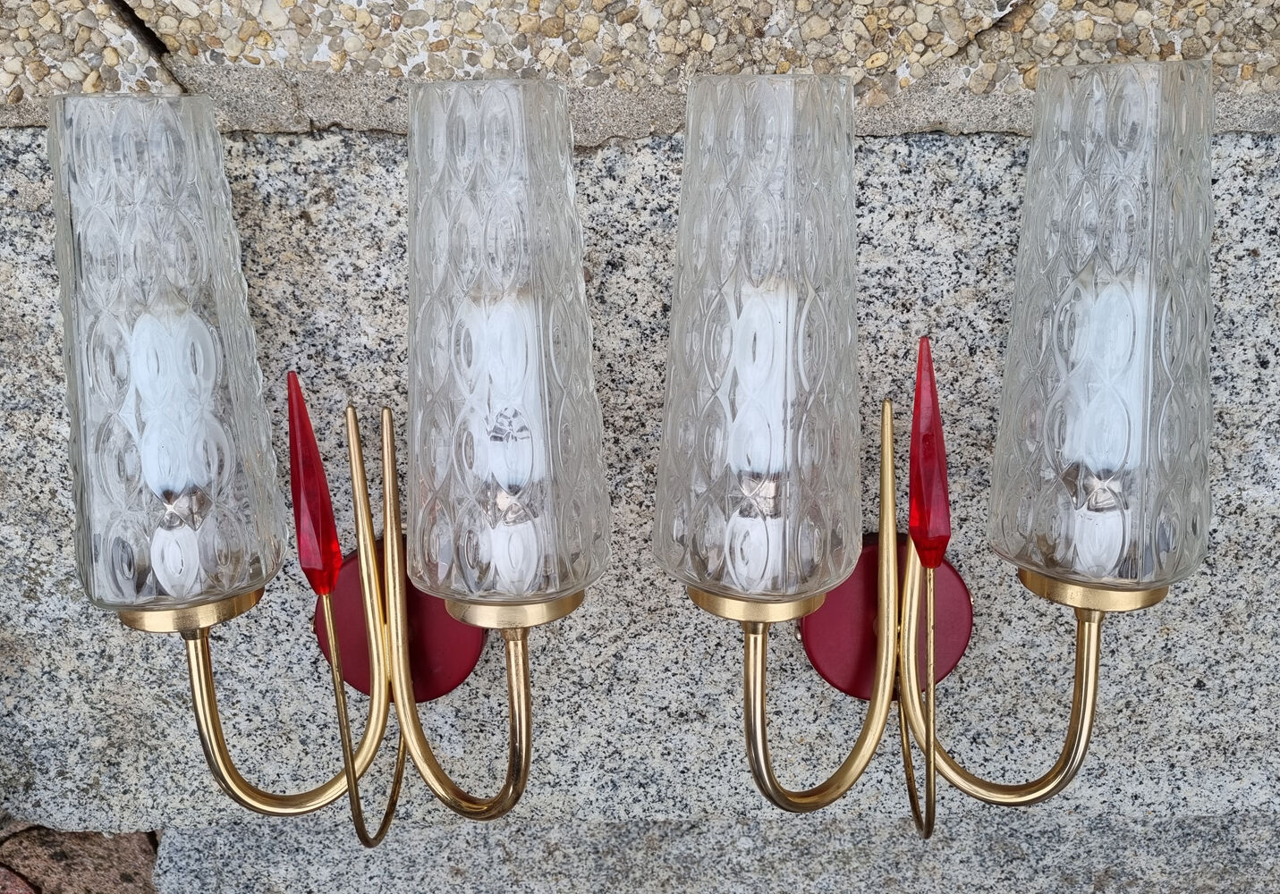 Pair of double fire wall lamps, vintage, 50/60s
