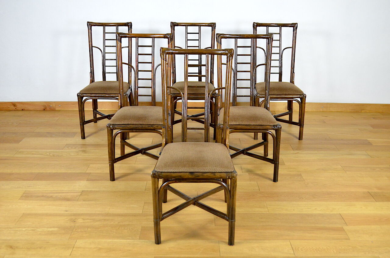 Series of 6 bamboo chairs & fabric 1980
