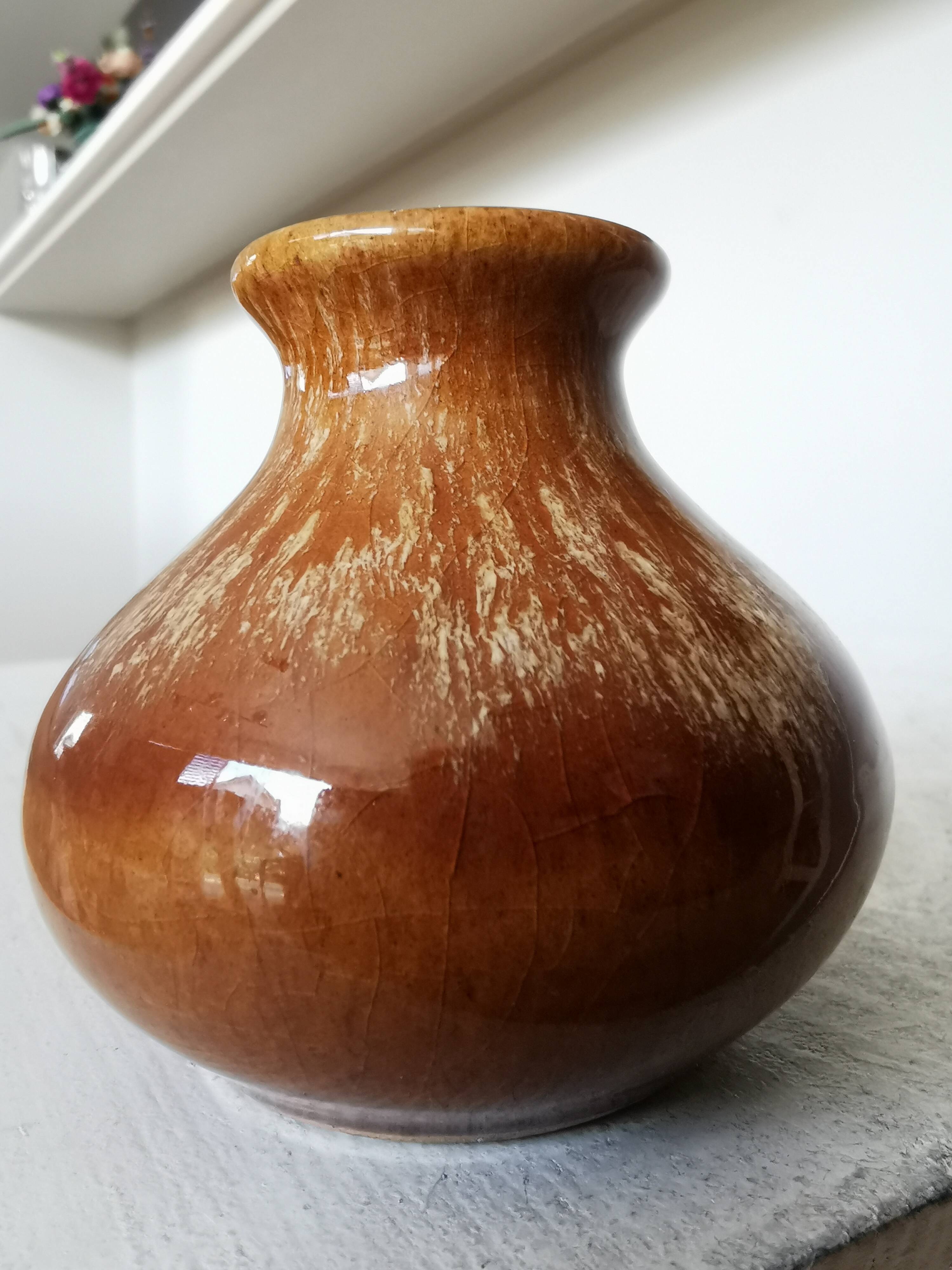 Vase vintage en céramique brune : décoration bohème yougoslave des années 1970