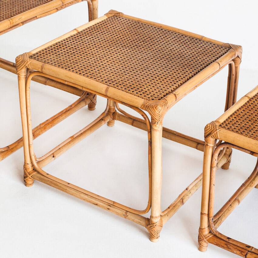 Set of three vintage nesting tables in cane. France, 1960s