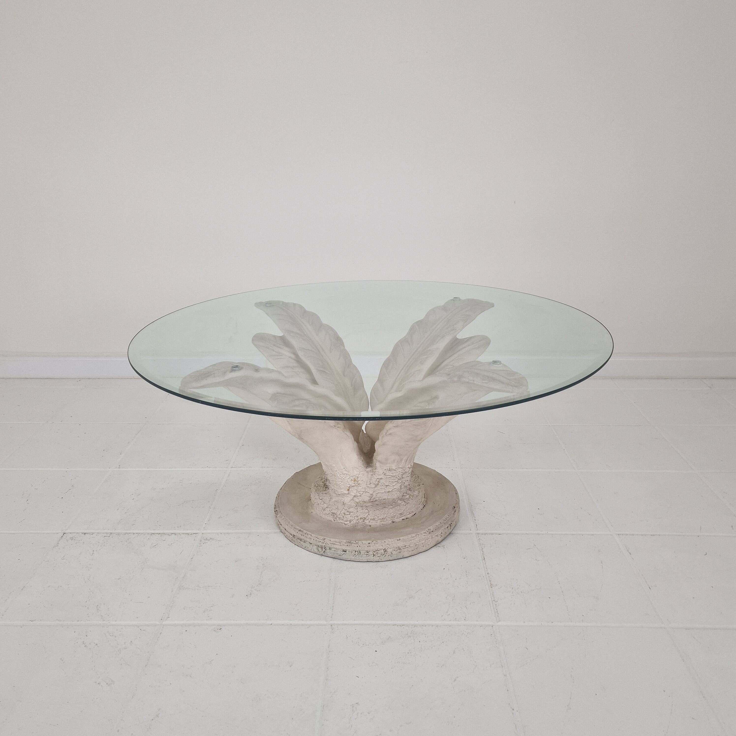 Italian "Flower" Coffee Table in Plaster With Facet Cut Round Plate, 1970s
