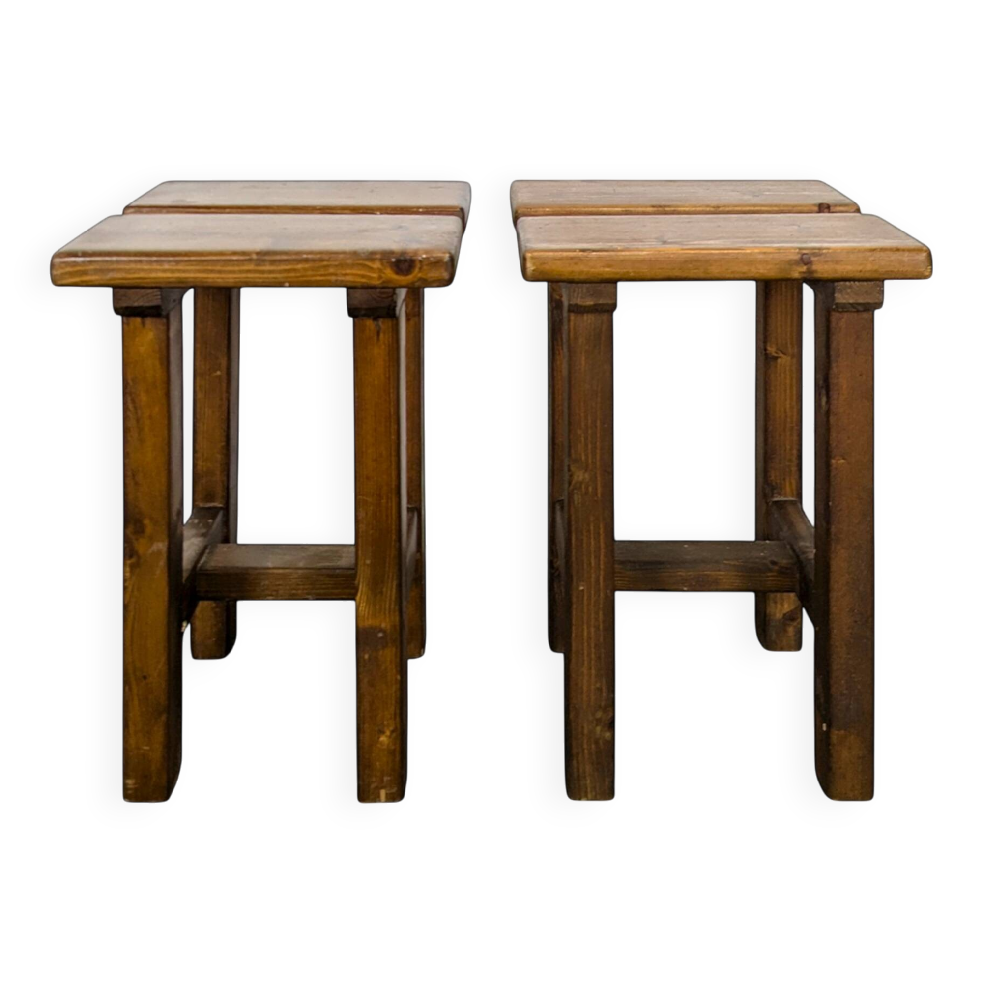Pair of solid pine stools in the style of Charlotte Perriand.