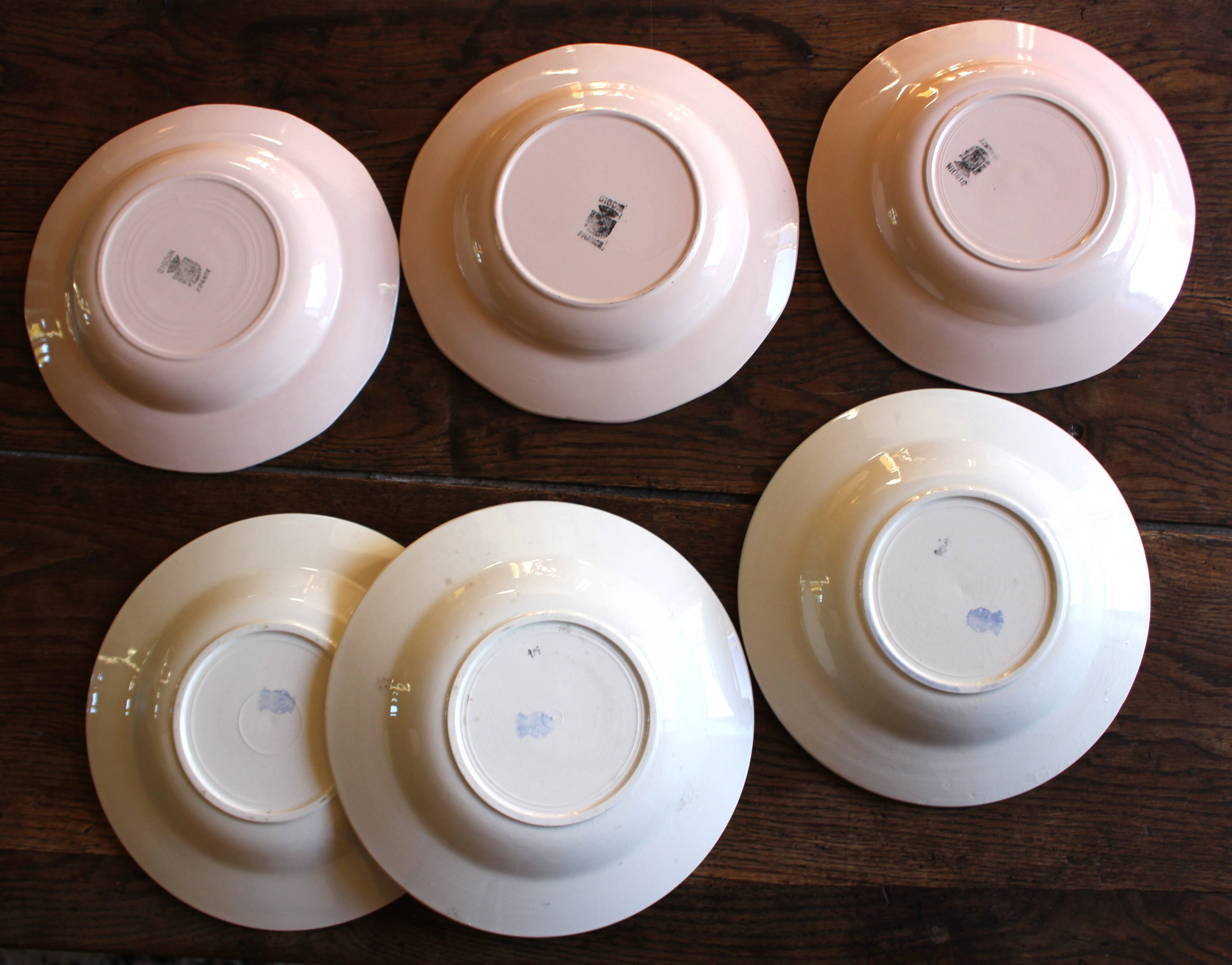 6 mismatched pink deep plates Digoin Badonviller Art Deco