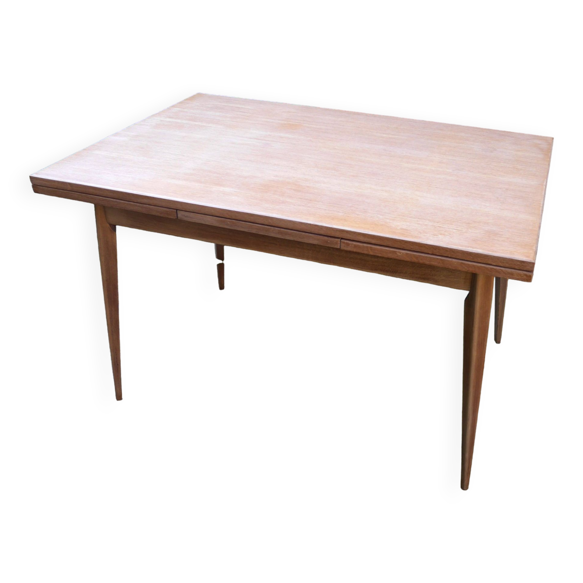 wooden dining table with compass legs and extensions