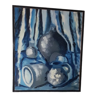Oil on canvas still life in blue signed S P 57 X 68 cm