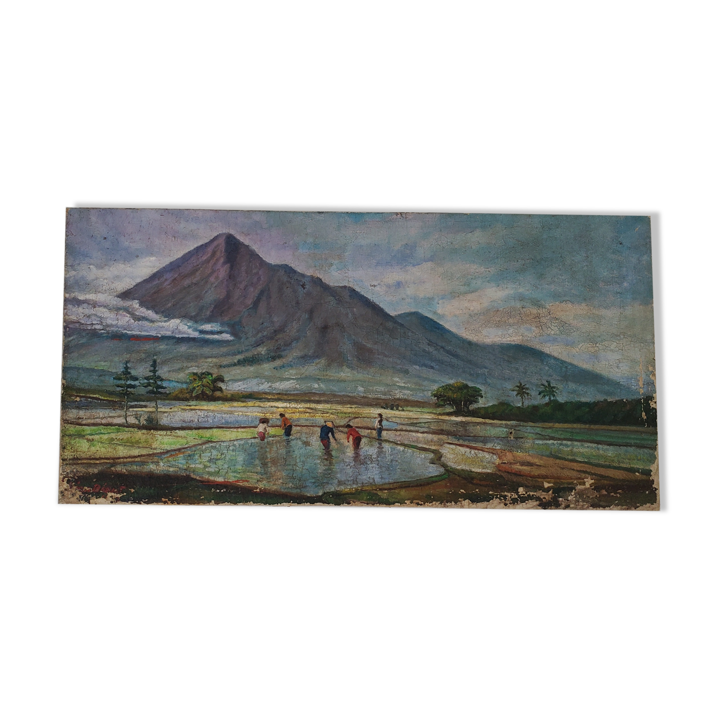 Tableau ancien peinture paysage de rizières et montage
