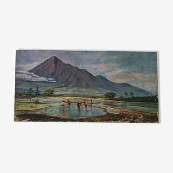 Large old painting landscape painting of rice fields and mounting