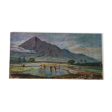 Large old painting landscape painting of rice fields and mounting