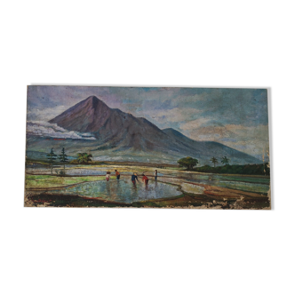 Tableau ancien peinture paysage de rizières et montage