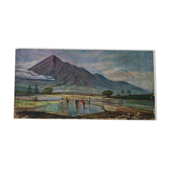 Large old painting landscape painting of rice fields and mounting