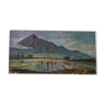 Tableau ancien peinture paysage de rizières et montage