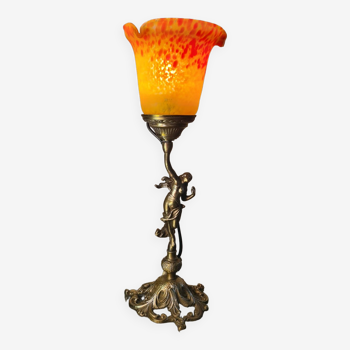 petite lampe bronze avec tres  belle tulipe pate de verre 40x14 electricité  ok