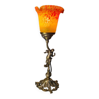 petite lampe bronze avec tres  belle tulipe pate de verre 40x14 electricité  ok