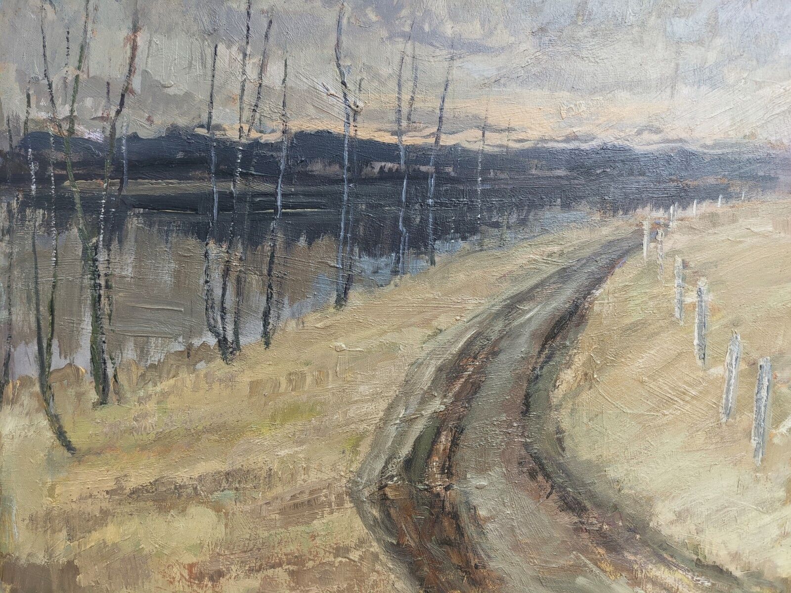 Vintage mid-century modern "river road" swedish expressionist landscape oil painting, framed