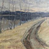 Vintage mid-century modern "river road" swedish expressionist landscape oil painting, framed