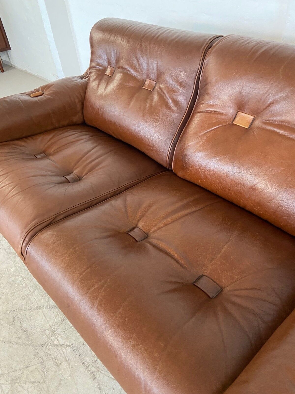 Vintage Danish mid-century cognac brown leather 2-seater Stouby 1970s