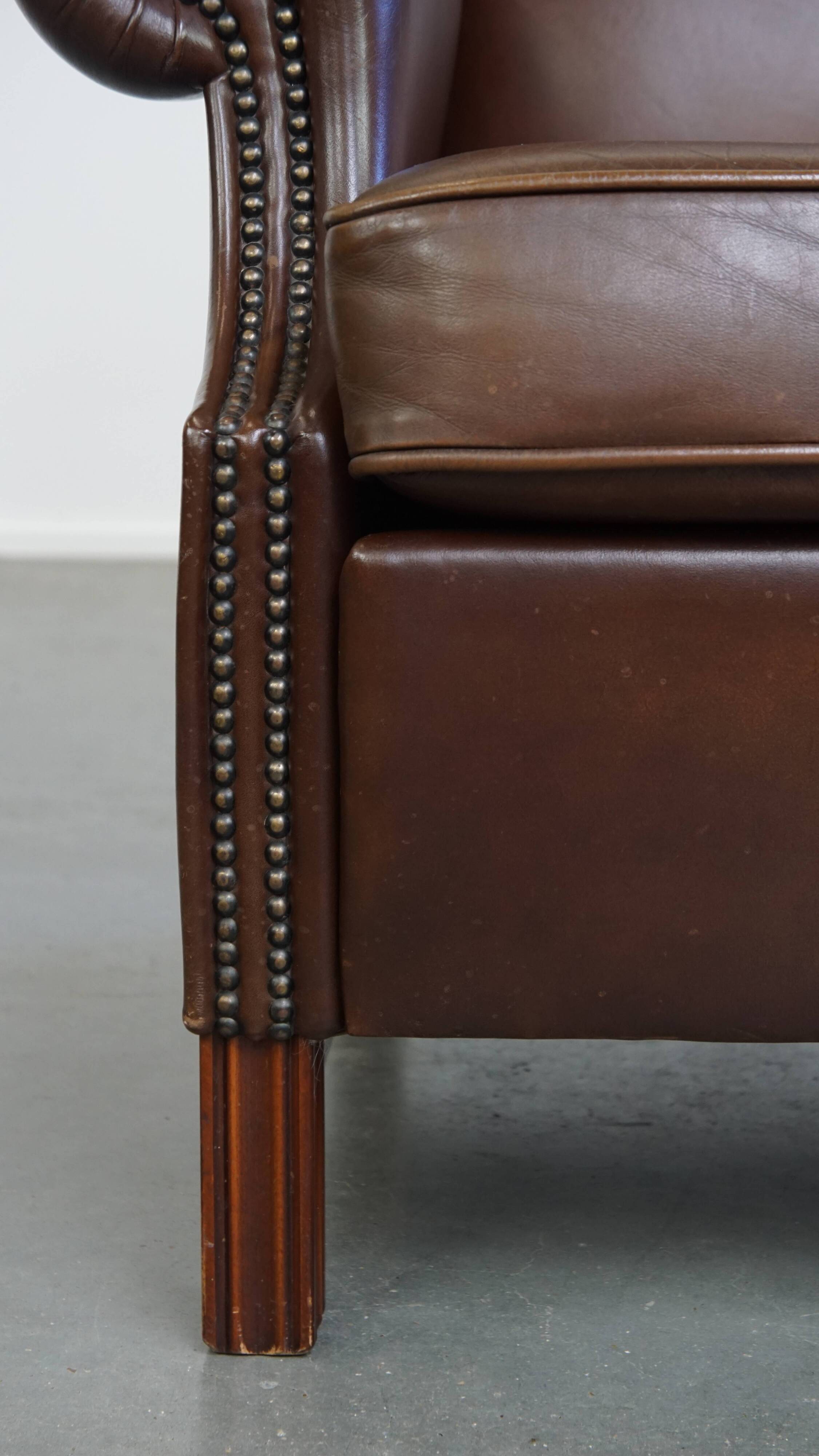 Large Dark Brown Cowhide Leather Wingback Chair
