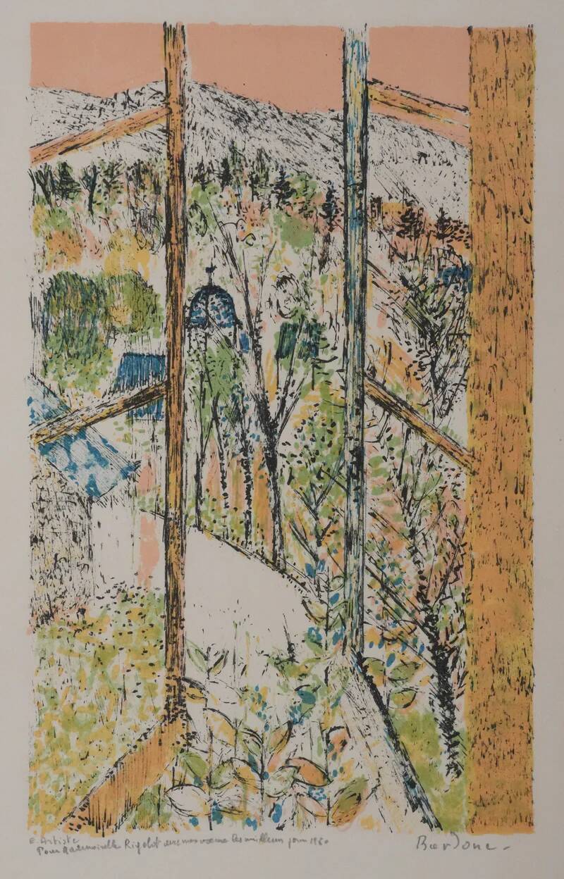 Guy BARDONE: Window open to the garden, signed original lithograph.