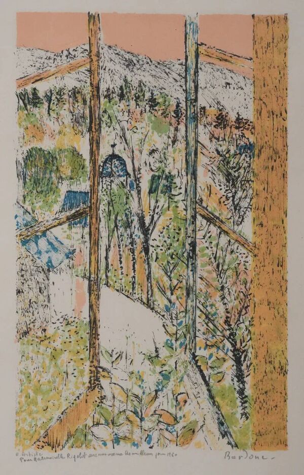 Guy BARDONE : Fenêtre ouverte sur le jardin, Lithographie originale signée
