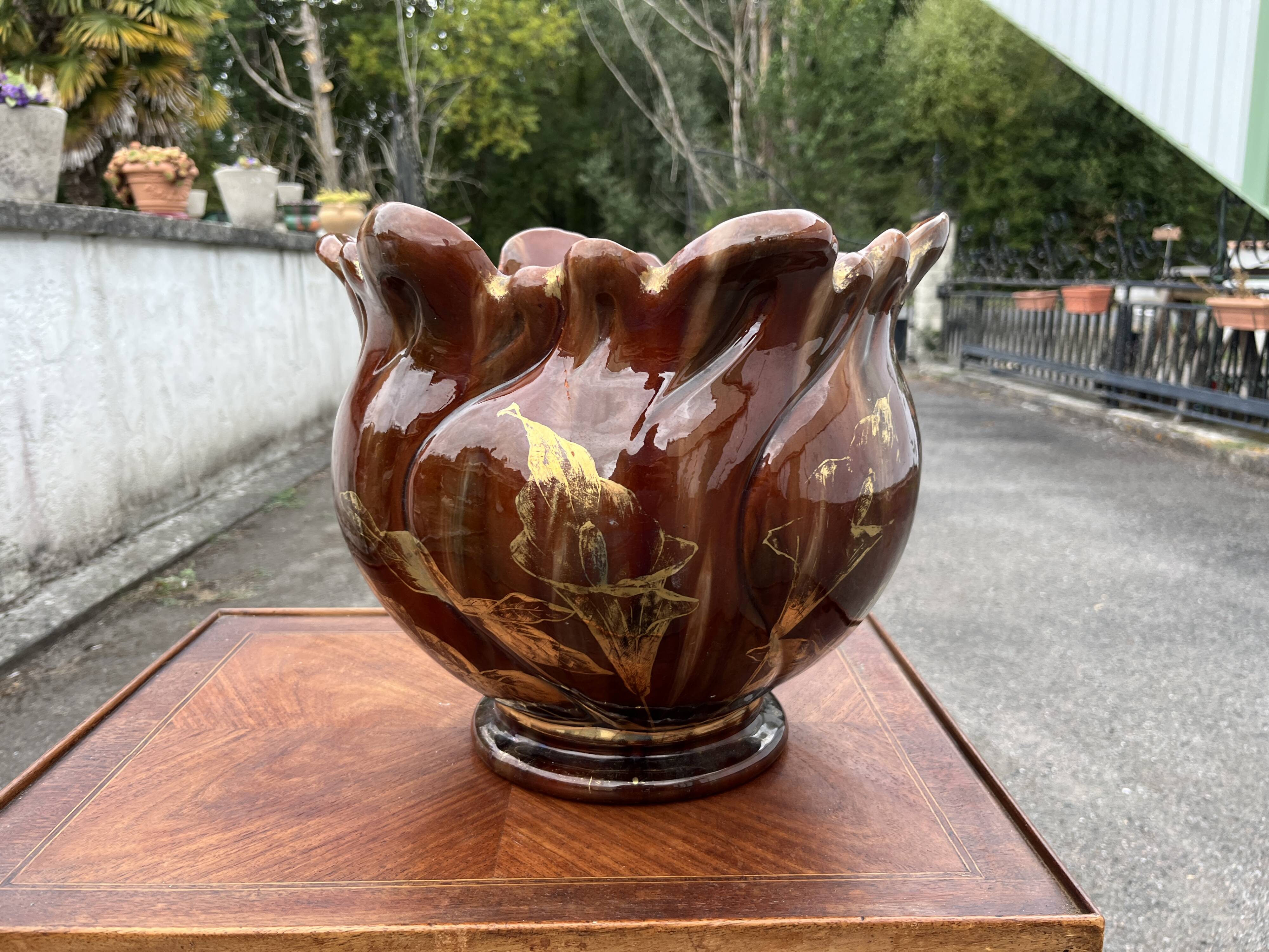 Flamed ceramic planter – in the style of Massier