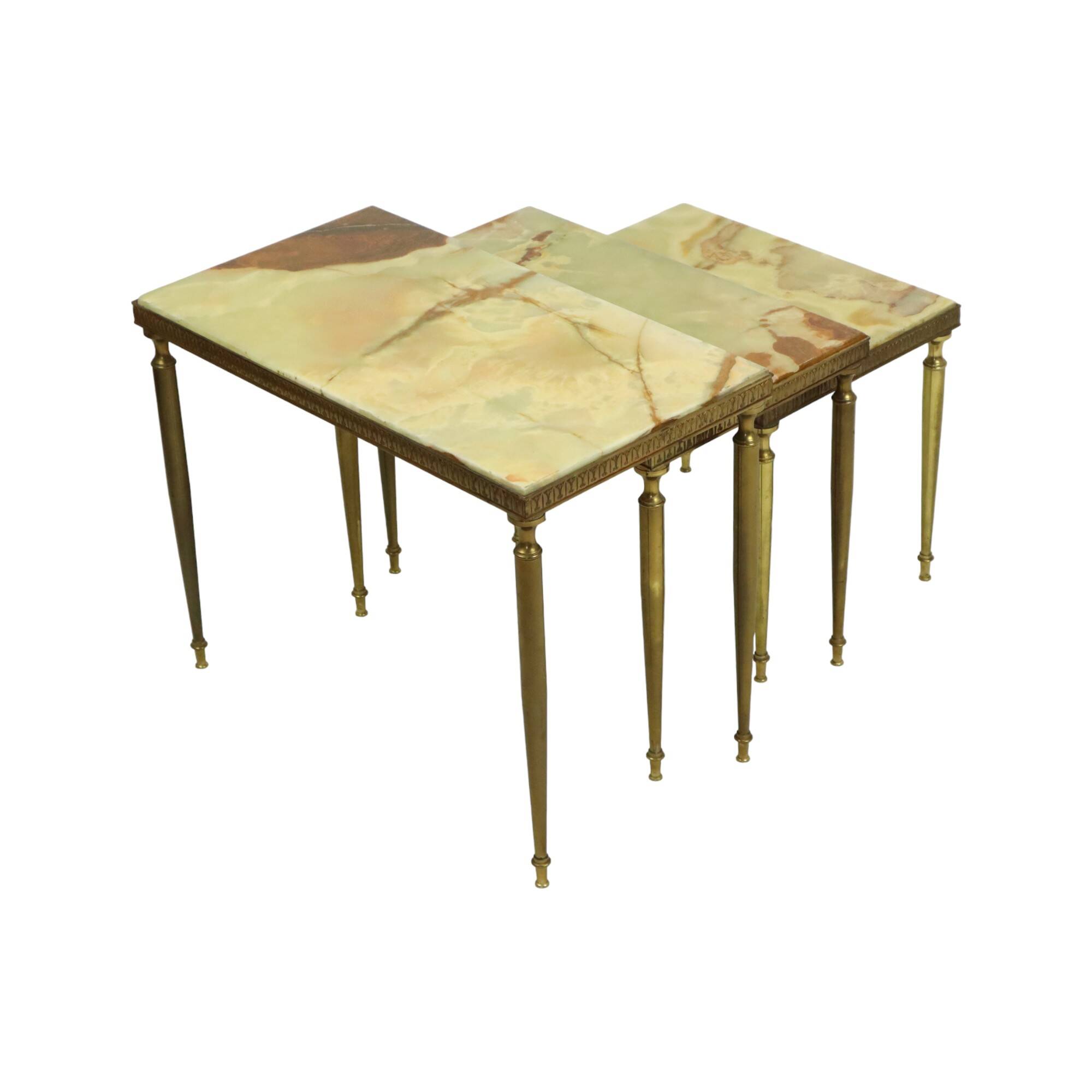 Set of 3 Nesting Tables Onyx Marble Copper Frame 1950s France