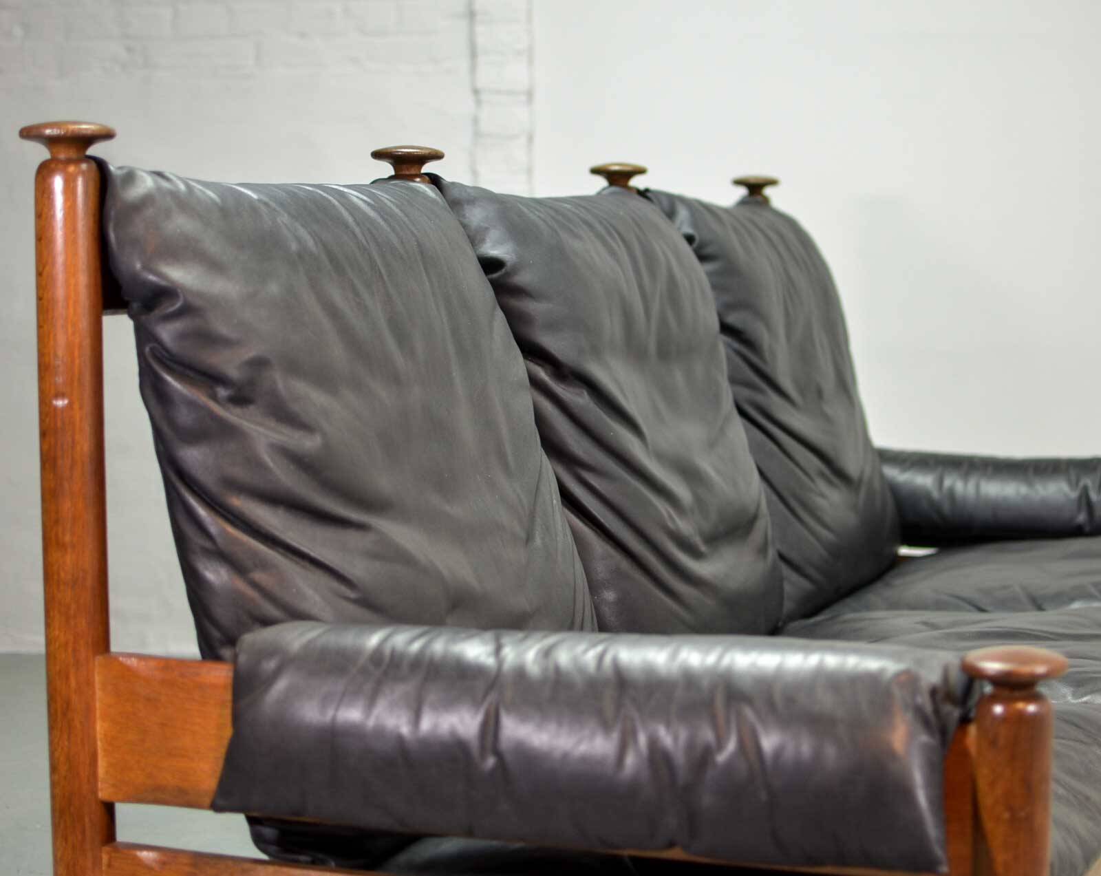 Sturdy Mid-Century Smooth Black Leather Scandinavian 3-Seat Sofa, 1960s
