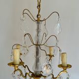 Chandelier set & 4 wall sconces with pendants, Louis XV style, gilded metal