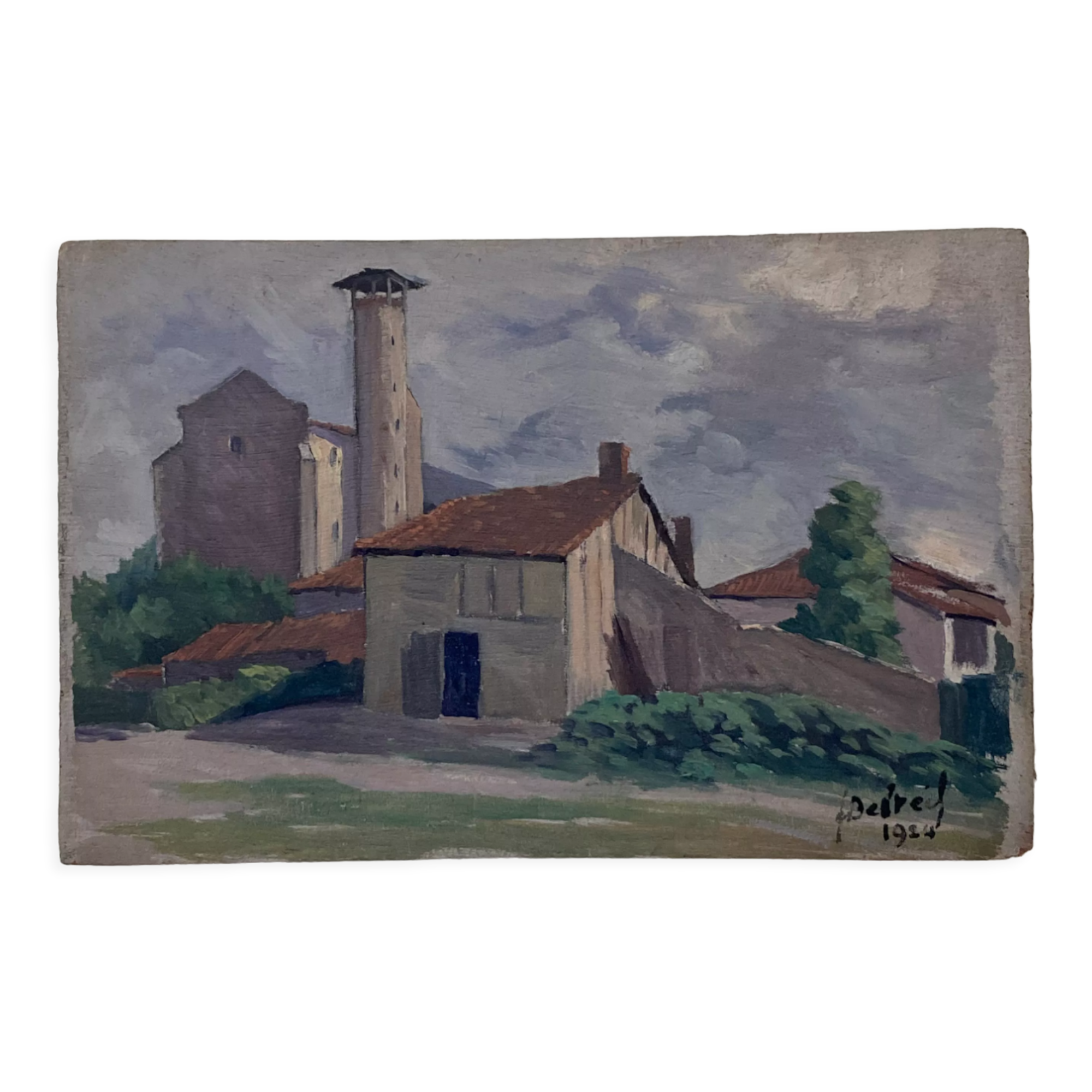 Oil on vintage wood panel / painting representing a village in the Landes