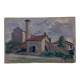 Oil on vintage wood panel / painting representing a village in the Landes