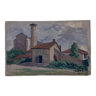 Oil on vintage wood panel / painting representing a village in the Landes