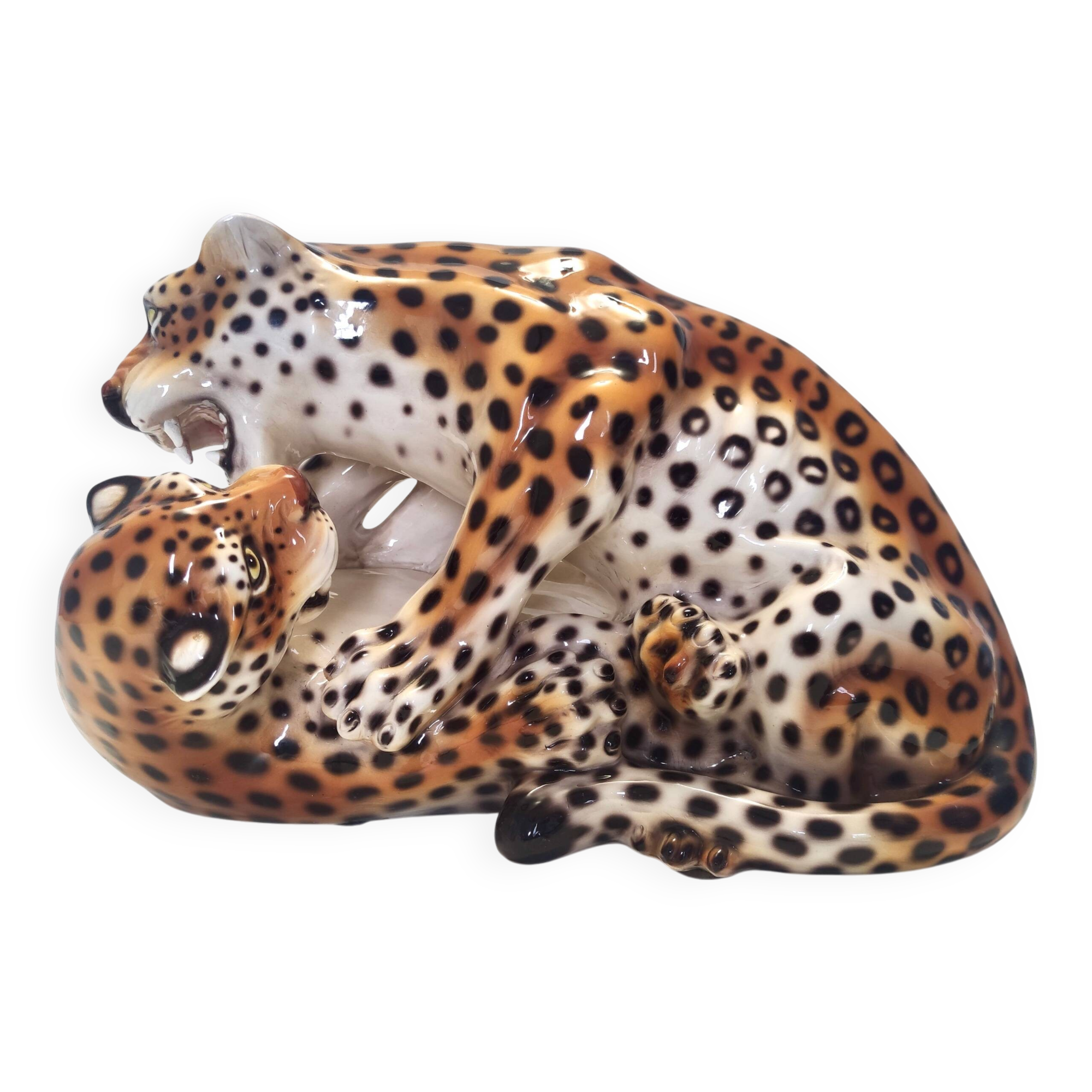 Hand Painted Ceramic Pair of Fighting Jaguars by Giovanni Ronzan, Italy