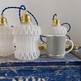 Set of three vintage electrified white glass pendant lamps with new