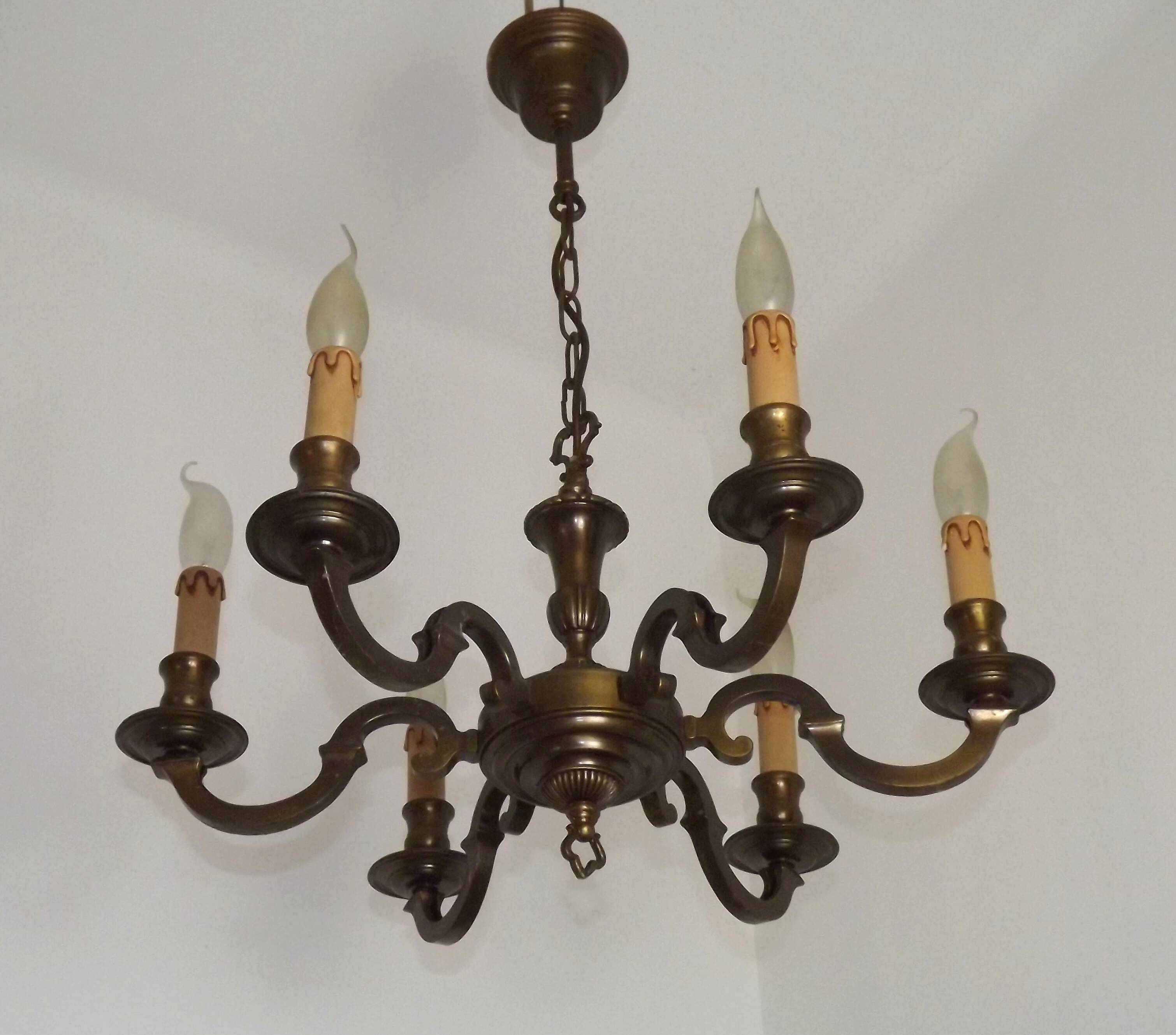 French Mid Century Brass & Copper 6 Light Traditional Style Chandelier 5571