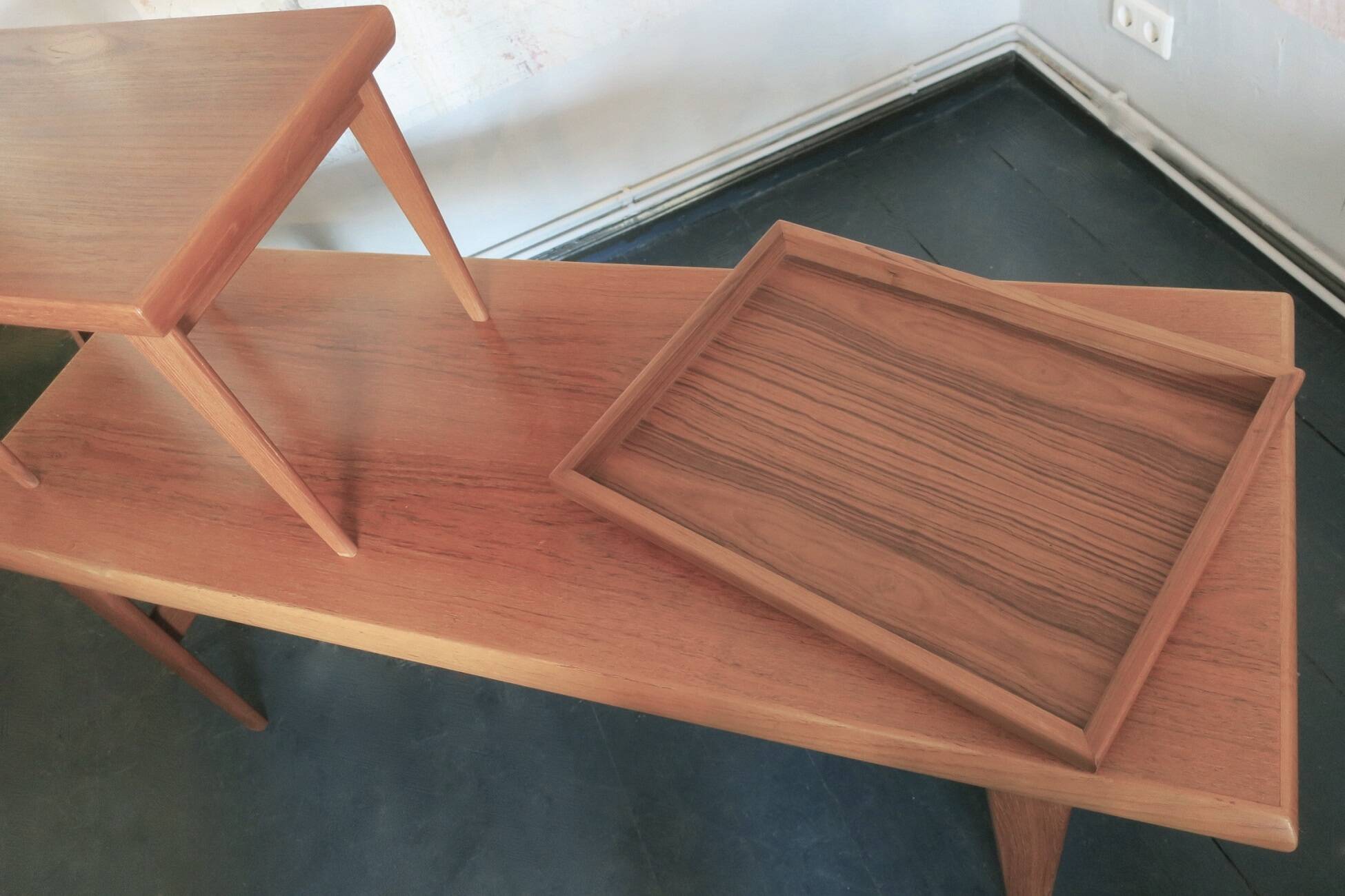 Teak coffee tables and tray by Johannes Andersen for Trioh, Denmark 1960s