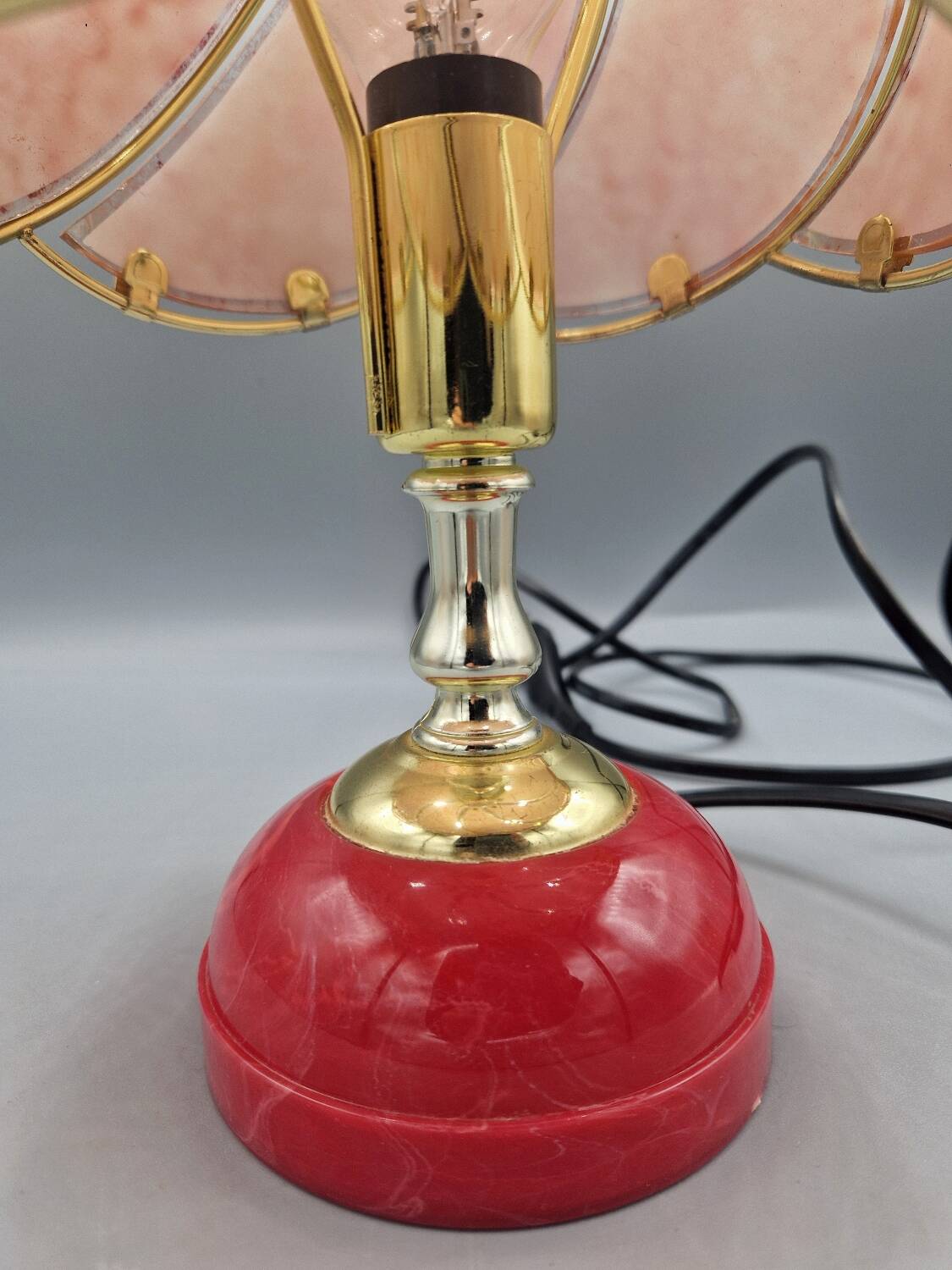 Vintage pink glass globe lamp with brass details and pink base