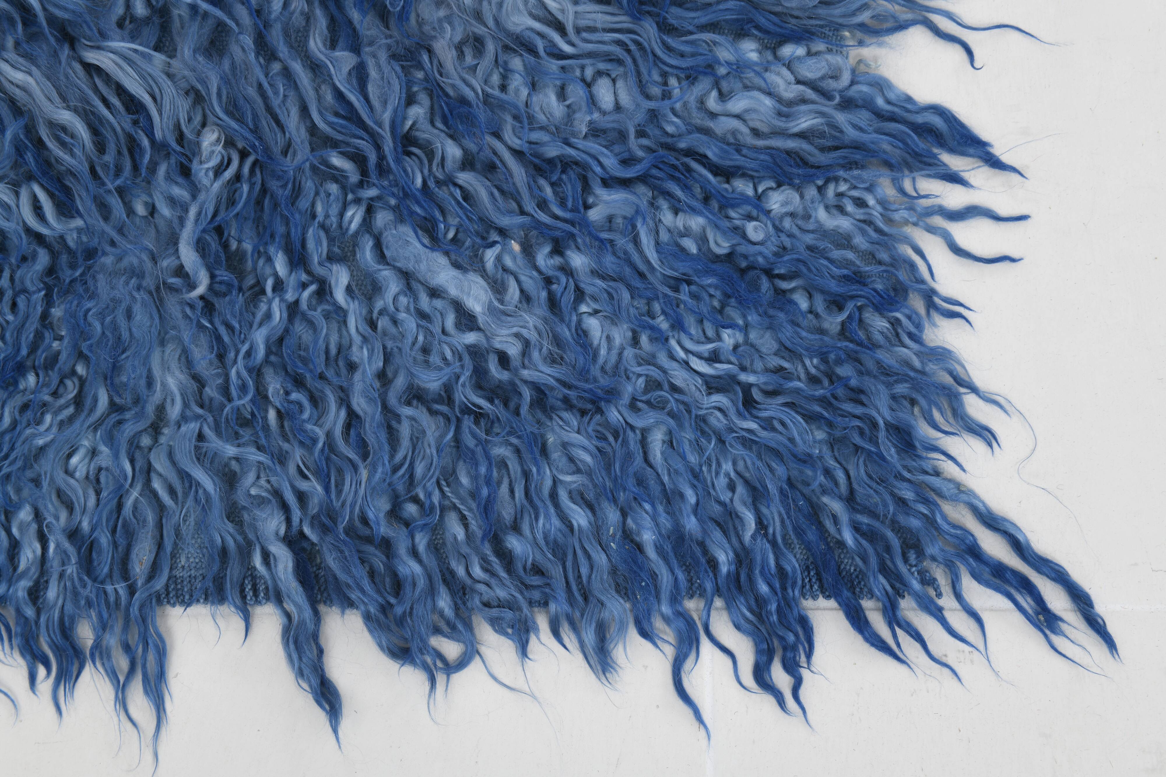 4x9 handmade wool blue vintage rug, 122x266cm