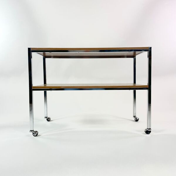 Table sur roulettes, plateau stratifié et pieds Eiffel métalliques, circa 1950