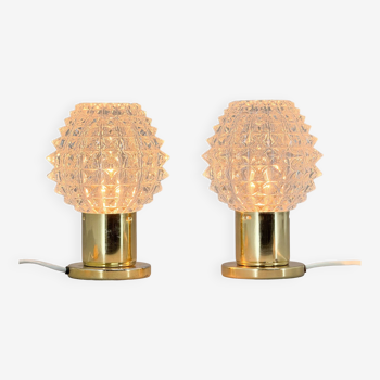 Pair of Brass and Pressed Glass Table Lamps by Kamenicky Senov, 1970s, Czechoslovakia