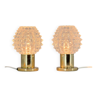 Pair of Brass and Pressed Glass Table Lamps by Kamenicky Senov, 1970s, Czechoslovakia