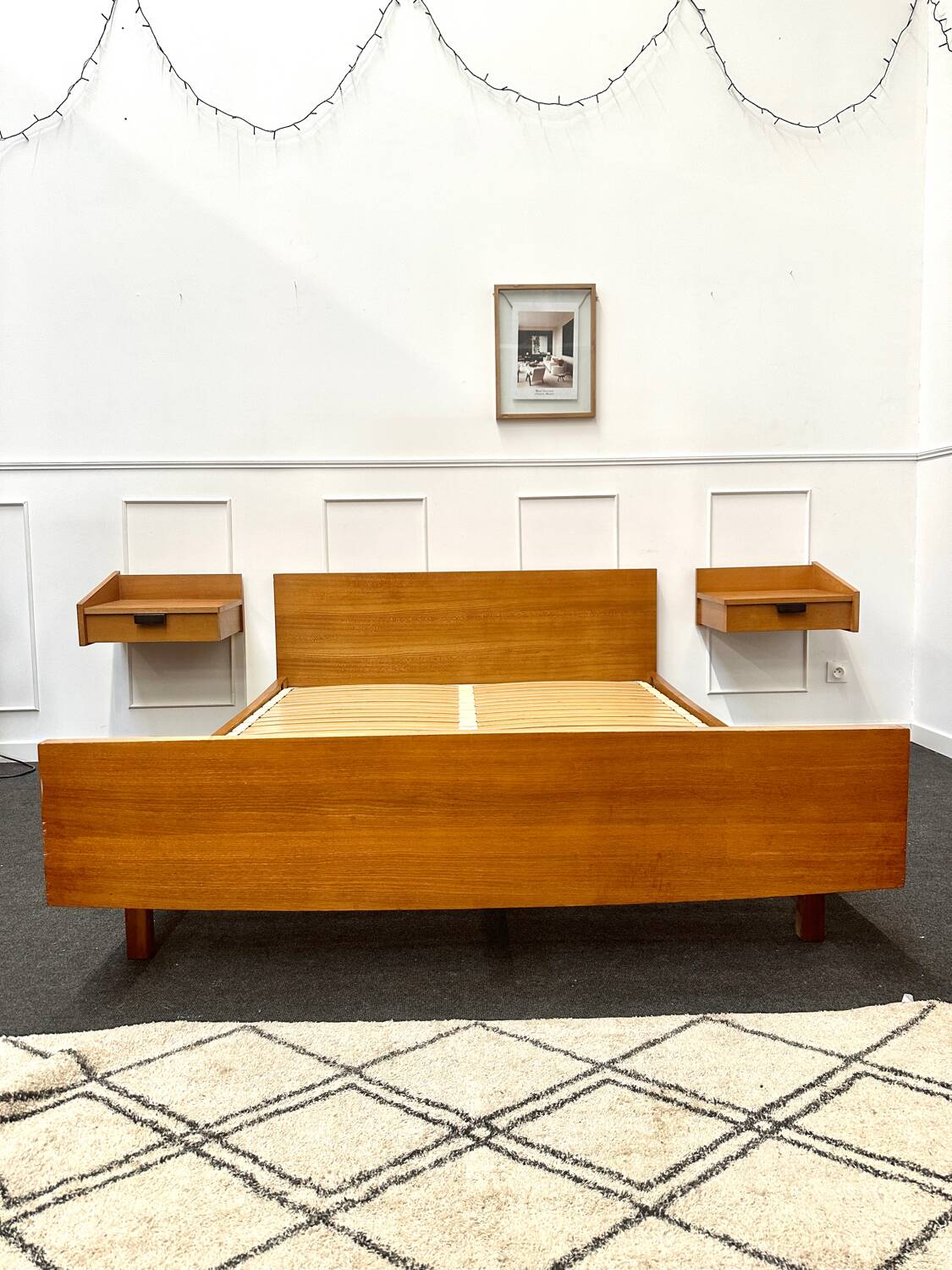 Vintage double bed and bedside tables