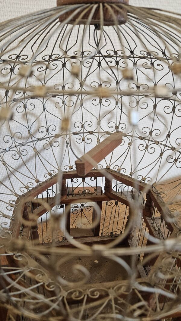 Cage à oiseaux vintage en bois et métal (années 30)