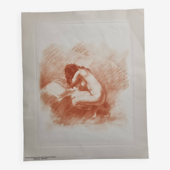 Estampe "Nu accroupi à l'oreiller" sanguine d'après Paul Belmondo, 29 x 34,5 cm
